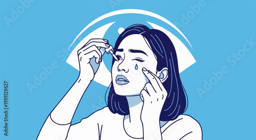 Woman applying eyedrops with a large eye symbol in the background
