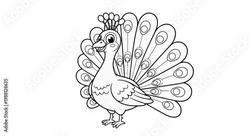 A black and white illustration of a happy peacock with its tail feathers spread wide