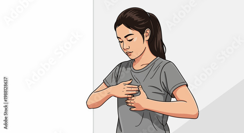 Woman's hands gently placed on chest in introspective pose