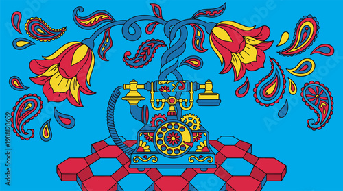 Ornate Vintage Rotary Phone with Twisting Floral Vine, Pop Surrealism Flat Illustration with Bold Outlines