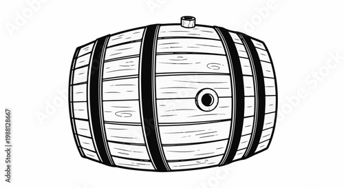 A black and white line drawing of a wooden barrel with metal bands