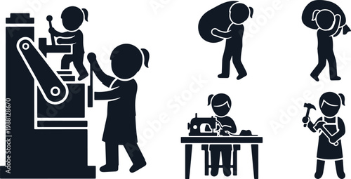 Children performing industrial jobs working with machinery sewing carrying and hammering.