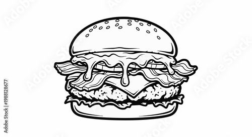 A cartoon-style drawing of a juicy burger with dripping cheese and bacon
