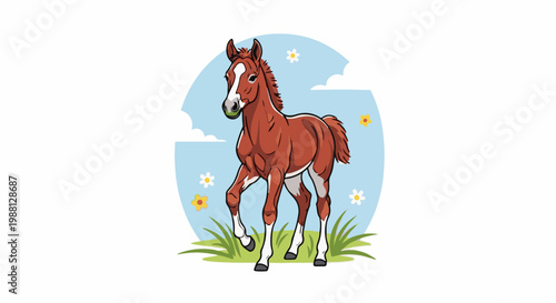 A chestnut colt with white markings stands in a meadow with flowers and clouds