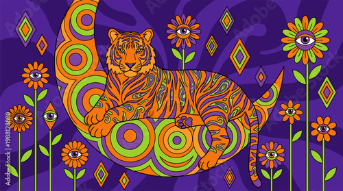 Paisley Tiger Lounging On Crescent Moon With Eyeball Flowers Pop Surrealism Flat Illustration With Bold Outlines