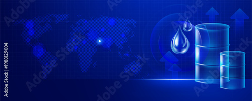Global oil market growth with blue barrels and world map