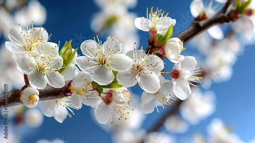 Close-up of white cherry blossom flowers on a branch against a blue sky, showcasing delicate petals and vibrant green leaves in a natural setting