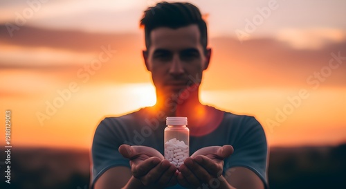 A man holding a bottle of pills in front of a vibrant sunset