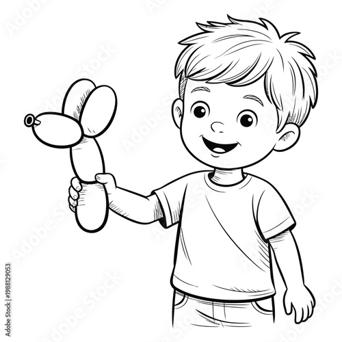 A cheerful young boy happily holds a balloon animal presented in silhouette