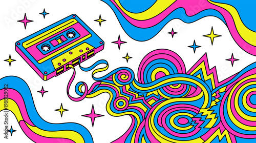 Vintage Cassette Tape Unspooling into Geometric Waves Pop Surrealism Flat Illustration with Bold Outlines