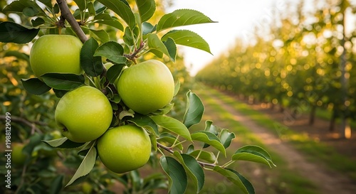 Green apples on a branch in an orchard at sunset fruit