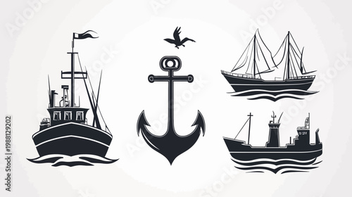 Black and white illustrations of ships, a bird, and an anchor, against a light background