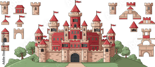 Medieval castle construction kit featuring grand red-roofed fortress on a hill with modular tower gate and battlement pieces in a flat vector style