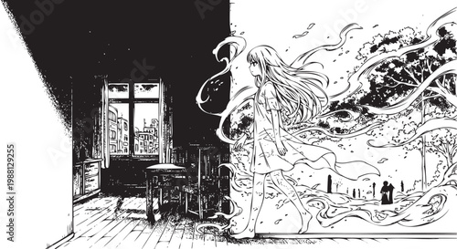 Girl Steps into Fantasy World Through Window