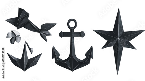 Stylized, grayscale illustrations of nautical and decorative elements including fish, flower, anchor, star