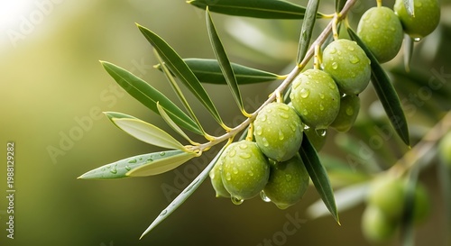 Green olives with water droplets on a branch fruit