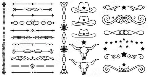 Old western decorative line dividers vector set, vintage ornamental border elements with rustic cowboy motifs for branding, menus, posters, packaging, and retro style graphic design.