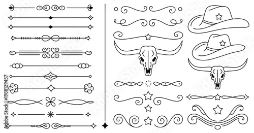 Old western style decorative line dividers vector set, vintage ornamental border elements with rustic cowboy inspired designs for typography, branding, menus, posters, and retro graphic compositions.