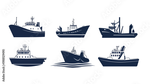 Six navy-blue silhouette illustrations of diverse fishing vessels, various designs on a white background