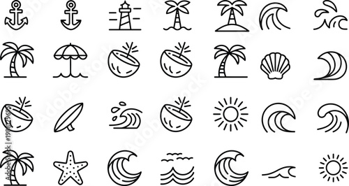 Tropical Doodle Surf Illustration with Palm Trees Waves and Summer Symbols