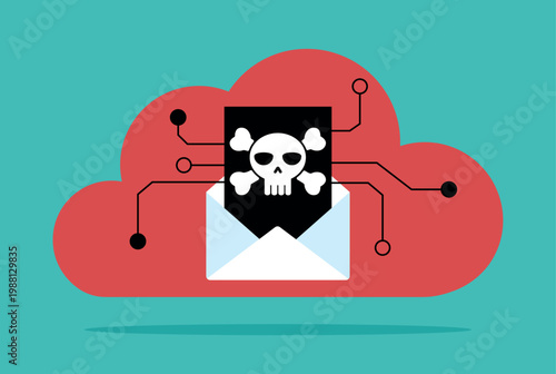 A data cloud infected with a virus via email. The envelope contains a black document with a skull and crossbones, which disrupts digital connections to the cloud. Database infection. Vector illustrati