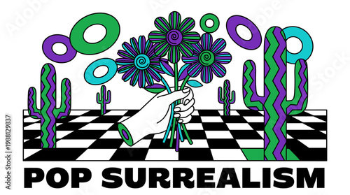 Levitating Hand Holding Surreal Striped Flower Bouquet in Checkered Desert Pop Surrealism Flat Illustration with Bold Outlines
