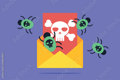 Email infected with computer bugs . A virus-laden envelope with green computer bugs emerging from it. Vector illustration in a flat design style.