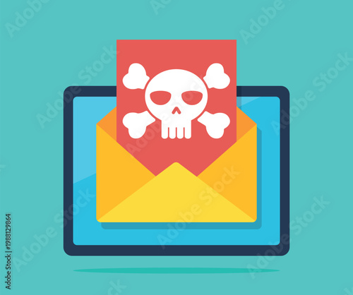 A tablet with an open envelope containing a virus-infected document. An email virus. A hexapod operating with a red document and a white skull. Vector illustration in a flat design style.