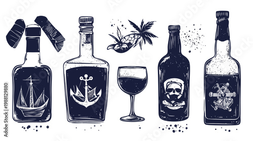 Monochrome illustration of bottles, a glass, and a tropical fruit with nautical & skull motifs