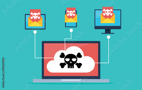 A laptop with an infected cloud on its screen. Connections are being sent from the cloud to other devices to which the infected email was sent. An open envelope containing a virus-infected document