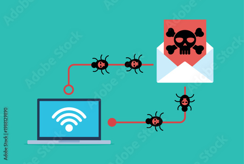 A virus-infected email message transmitting a computer worm via a Wi-Fi connection to a laptop. Black computer worms with a red skull and crossbones symbol. Vector illustration in flat design style.
