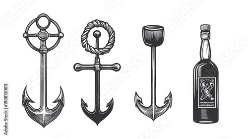 Monochrome illustration features three anchors and a bottle with label art. Grayscale artwork on white
