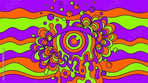 Melting Eye and Flower Petals Pop Surrealism Flat Illustration with Bold Outlines Retro Psychedelic Graphic Art