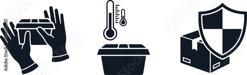 Gloved hands holding package, thermometers measuring temperature, protected box.