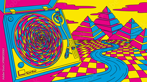 Vintage Turntable with Geometric River and Mountains Pop Surrealism Flat Illustration with Bold Outlines Psychedelic Art