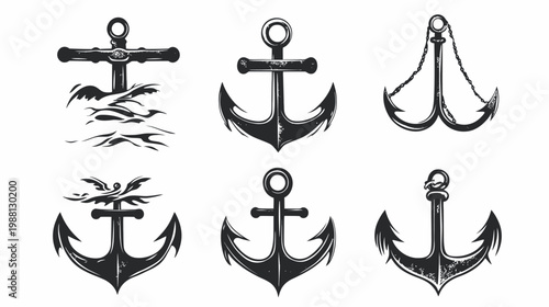 Collection of six vector graphics of anchors in dark tones. Rough textures with a nautical theme