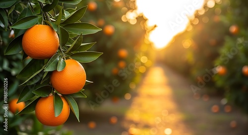 Oranges Growing on Trees in an Orchard at Sunset fruit
