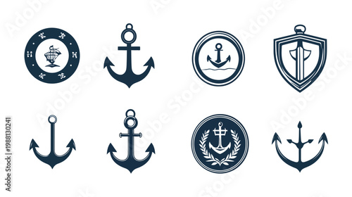 Collection of eight navy-themed graphical elements including anchors, ships, and shield illustrations