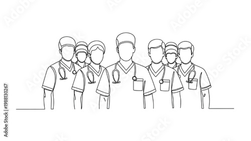 Continuous line drawing of a diverse group of medical professionals standing together