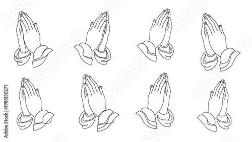 A continuous line drawing of praying hands with leaves in a spiritual setting.