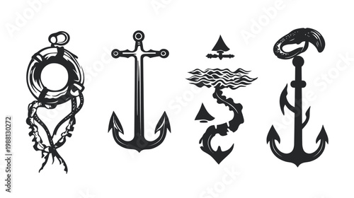 Four black and white illustrations of nautical elements, including anchors and a life preserver