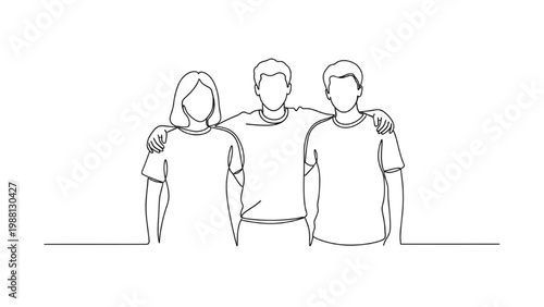 Continuous line drawing of three friends standing together in unity and support