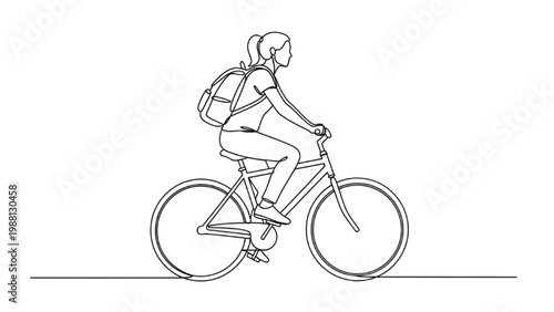 Schilderij op canvas Continuous line drawing of a woman riding bicycle on road