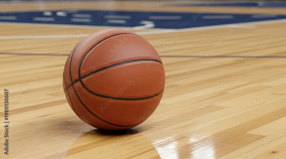 Naklejka premium Basketball Ball on Court Surface with Bokeh Effect, Sport Game Concept with Copy Space Background