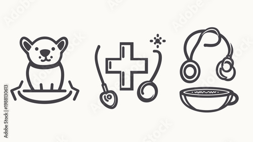 A collection of simple black line art icons dog, cross with stethoscope, and headphones with coffee