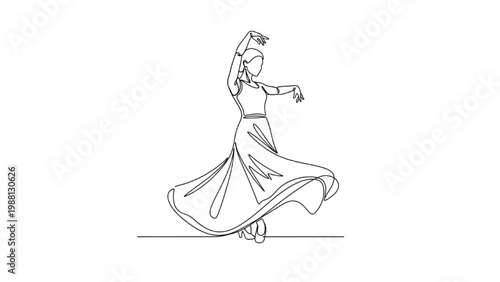 Continuous line drawing of a dancing woman in a flowing gown performing on stage