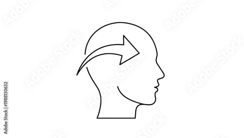 Continuous line drawing of a human head with an arrow