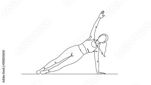 Fotografia Continuous line drawing of a woman in a side plank yoga pose on the floor
