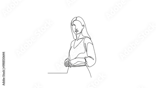 Continuous line drawing of a woman sitting and working on a laptop