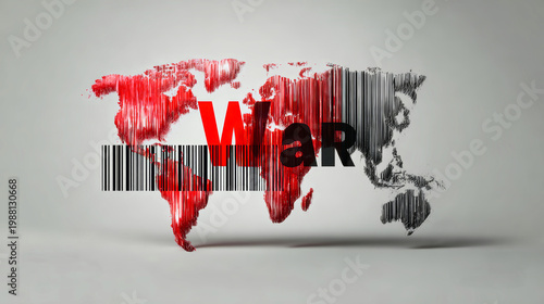 A world map design shows red and black colors with the word War in bold letters. A barcode runs through the map, highlighting global conflict themes in a flat style